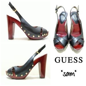 DONATED Guess Black Wood Heel Sandals "Sam"